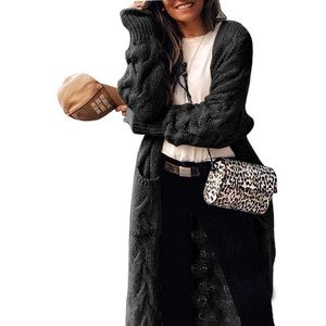 Black Long Cardigan Coats Cable Knit Casual Open Front Long Sleeve